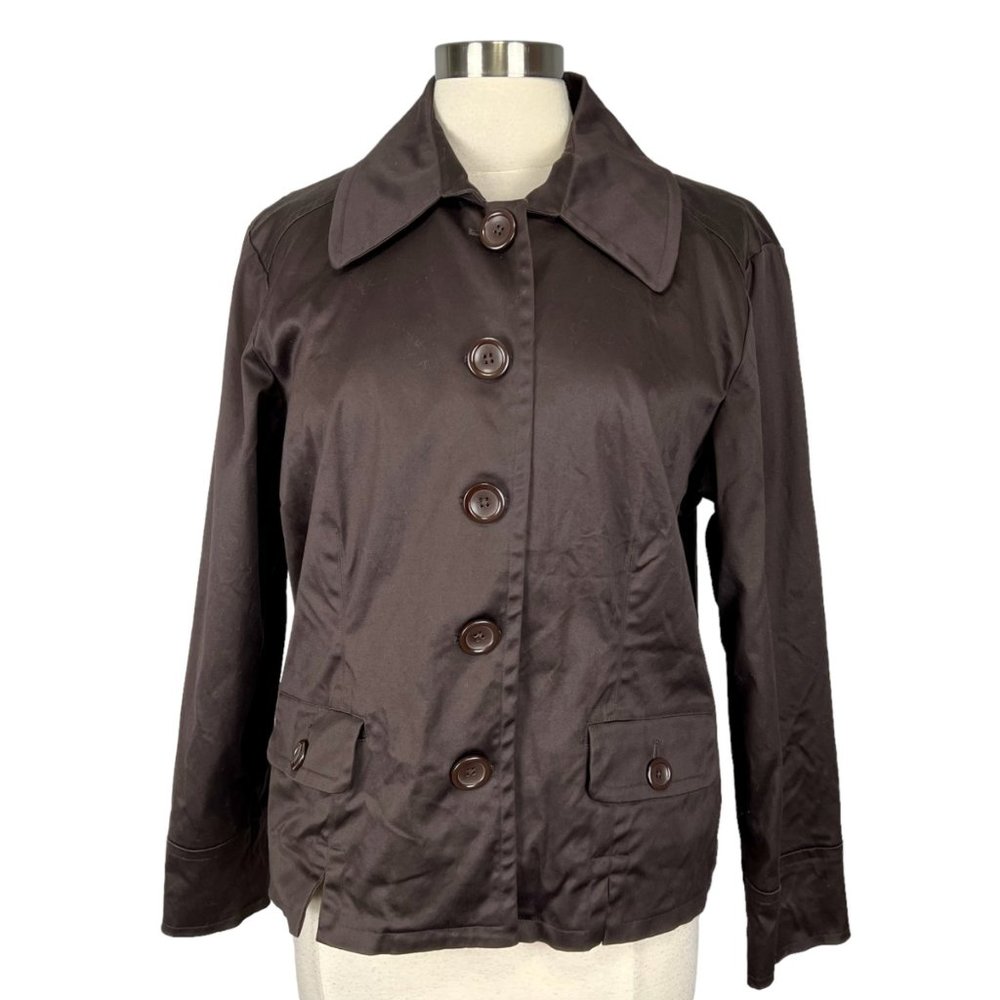 Chicos Womens Brown Button Front Cotton Jacket Pockets Stretchy size Large
